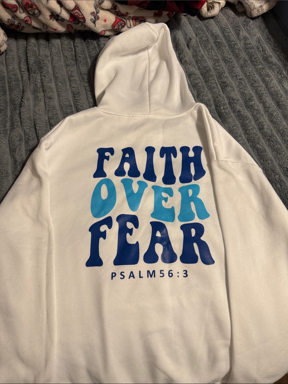 Faith Over Fear White Hoodie with Blue Lettering